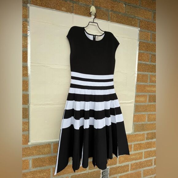 CAROLINA HERRERA Striped Cap-sleeve Pleated Dress size large - Picture 7 of 17